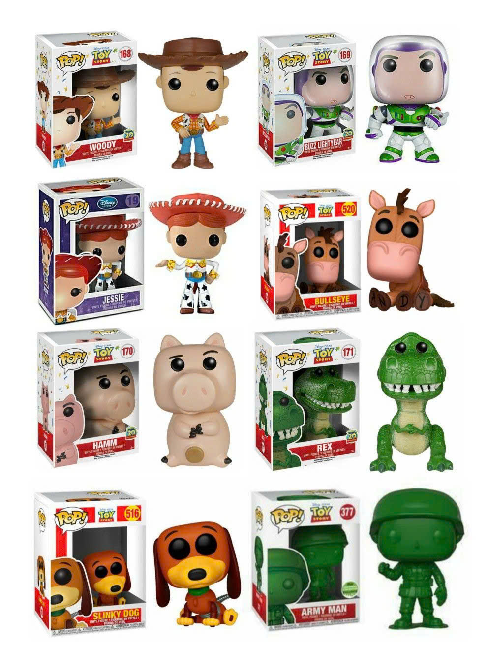 Woody (#168), Buzz Lightyear (#169),Jessie (#19),Bullseye (#520), Hamm (#170), Rex (#171), Slinky Dog (#516), Army Man (#377)